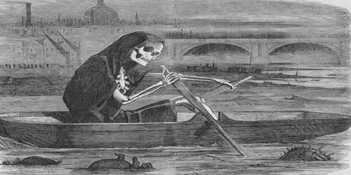 A phantom figure rows a boat on the River Thames.